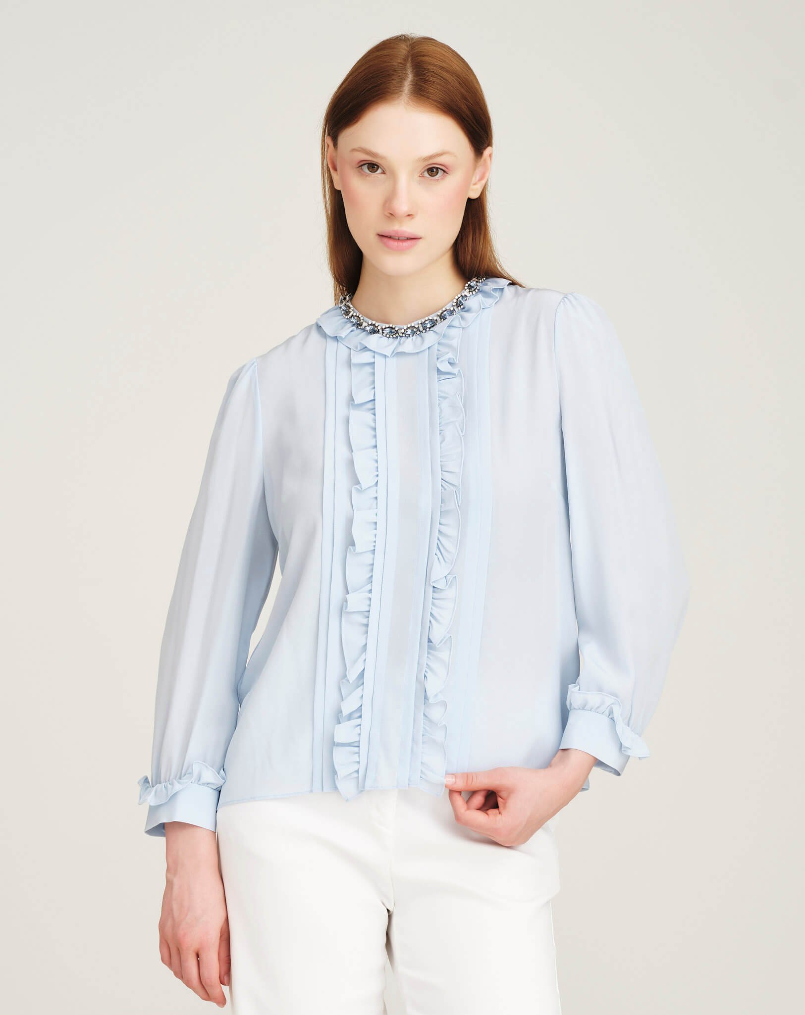 Miu Miu - Baby Blue Ruffled Crystal Collar Embellished Blouse IT 42